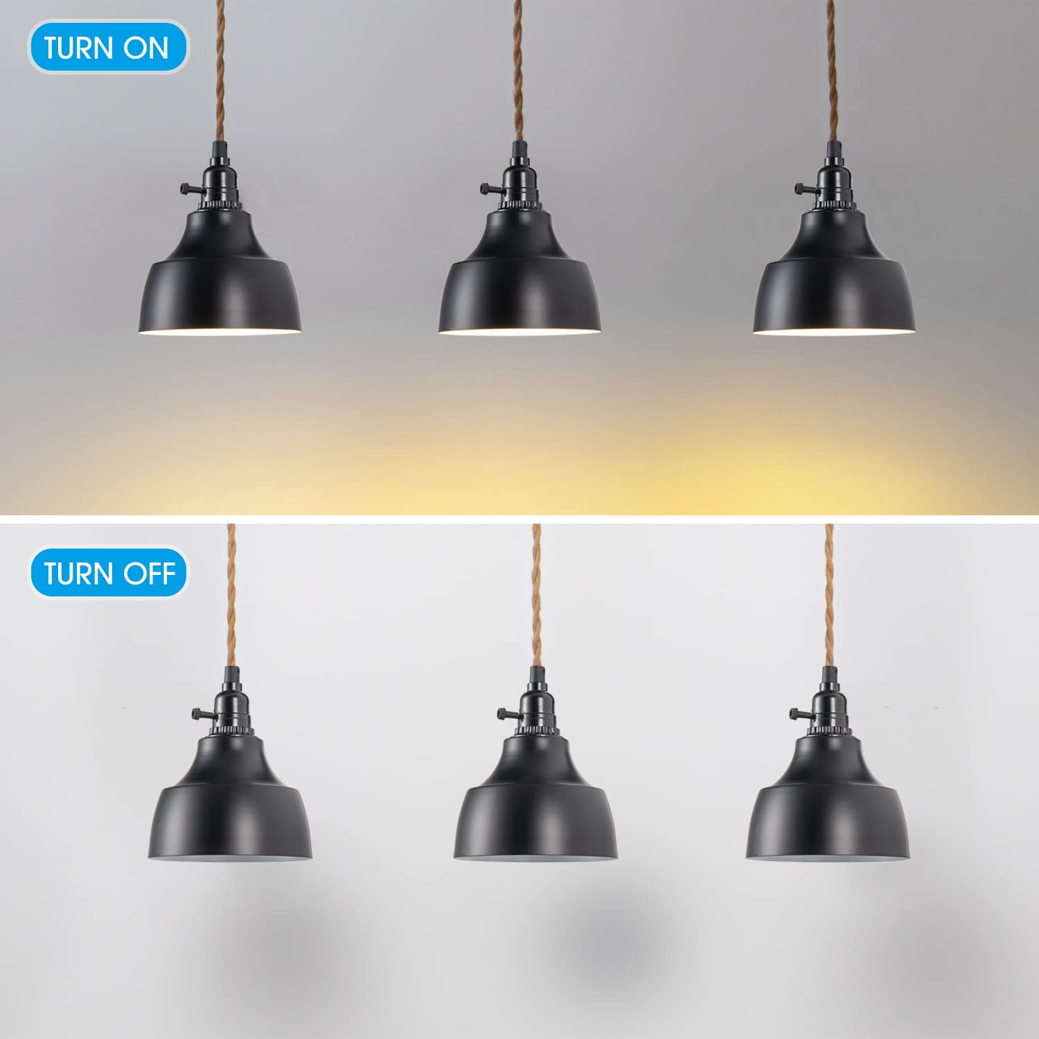 Alaislyc 3 Light Plug In Pendant Light Cord 22Ft Industrial Farmhouse Hanging Lamp With Twisted Hemp Rope Independent Triple Swi