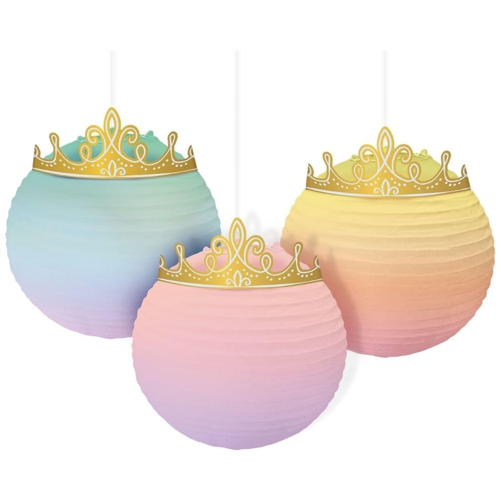 Disney Princess Enchanting Paper Hanging Lanterns - 12.5 x 9.5 (Pack of 3) - Tiara Embellished Hanging Decor, Perfect for Partie