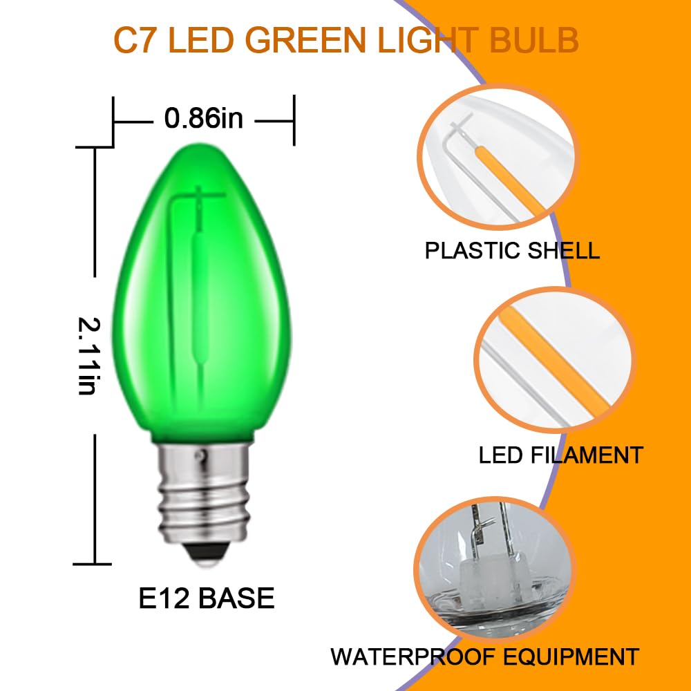 Neteha 25 Pack C7 Green Led Replacement Christmas Light Bulb, C7 E12 Base 120V Waterproof Led Bulbs For Christmas Outdoor String