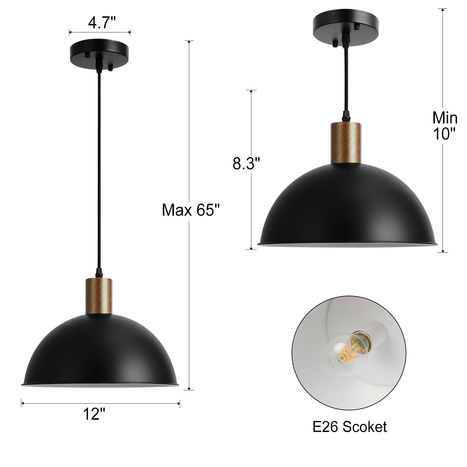 12 Inch 1-Light Solid Wood Blackpendant Lights, Modern Hammered Metal Shade Lighting, Large Hanging Light,Adjustable Industrial