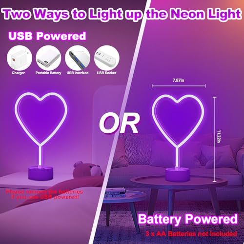 Heart Neon Sign  2 Pack Room Decor Neon Lights For Bedroom Girls  Battery Operated Or Usb Powered Led Heart Lamp For Birthday Wall Decor Party Home Decor  Mothers Day Valentine Gifts(Purple)