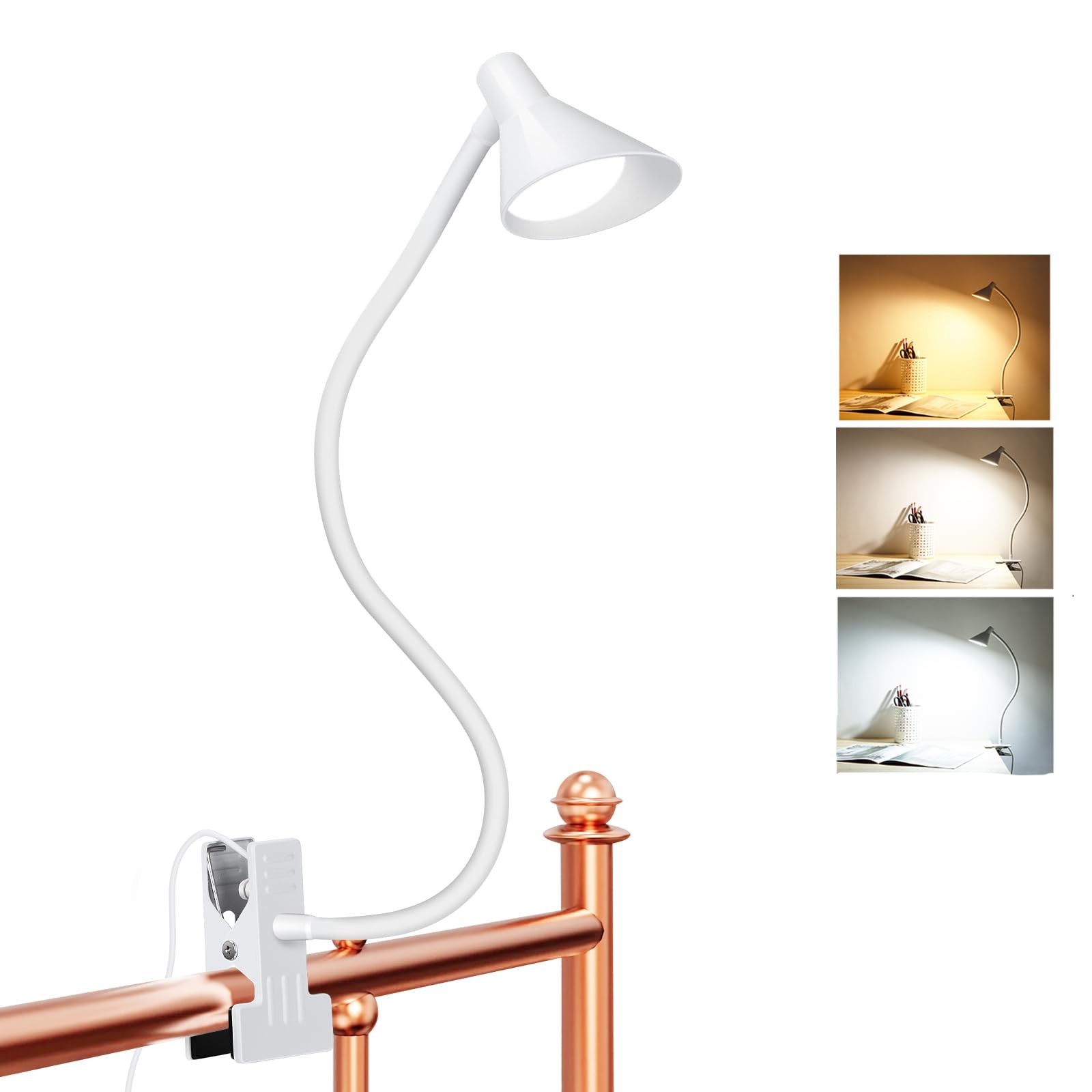 LiFMIRA Desk Lamp Clip on Light USB Reading Light 3 Color Modes 10 Dimmable Brightness Eye Care Clamp Desk Lamp Flexible Goosene