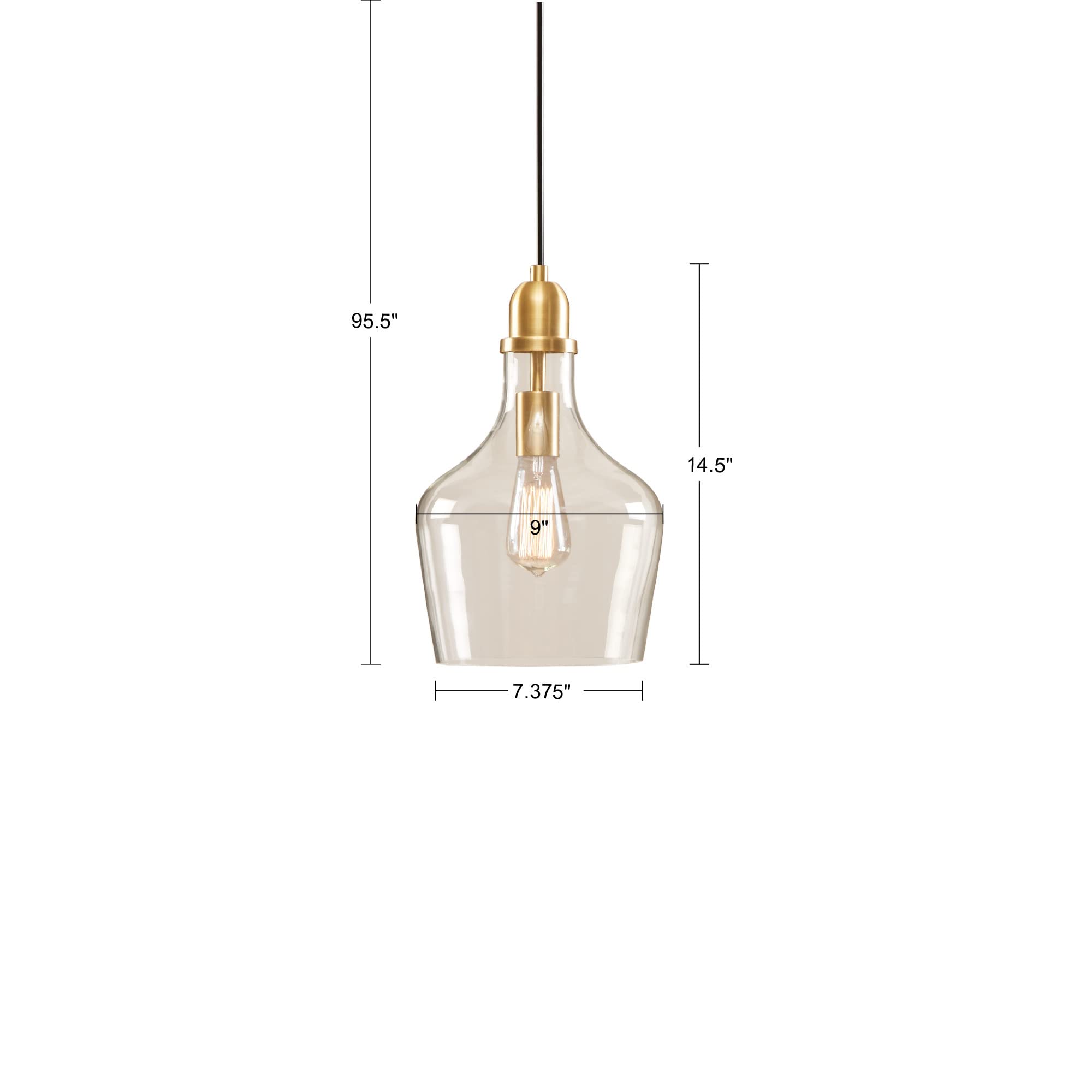 Hampton Hill Auburn Pendant Kitchen Lighting For Dining Room, Industrial Kitchen Lights, Hand-Blown Glass Bell Shaped Pendant Light For Kitchen Island, Foyer, Bedroom, 9" Dia X 95.5" H, Gold/Clear