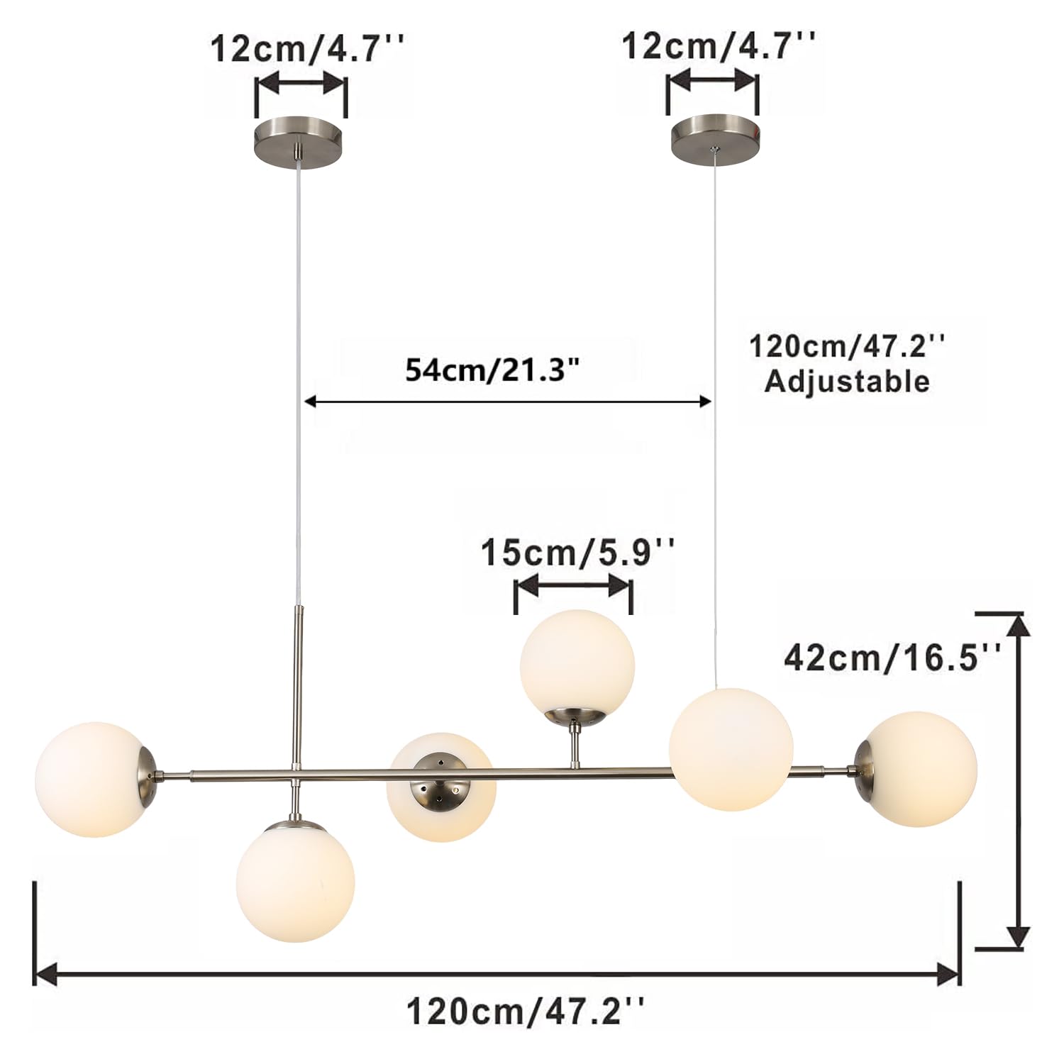 KCO Modern Pendant Light, 6-Light Sputnik Chandelier, Metal, Silver+White, Adjustable for Kitchen Island, Living and Dining Room