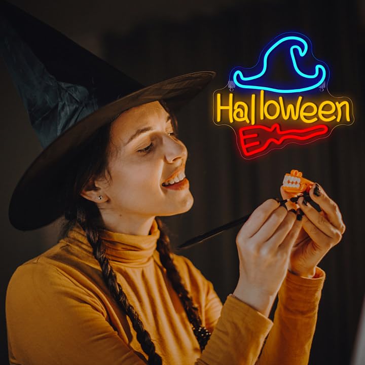 NOSUN Neon Sign - Halloween Broom & Wizard Hat Decor - Acrylic - Red & Blue - Wall Light for Party, Bar, Bedroom, Kids & mature-themeds