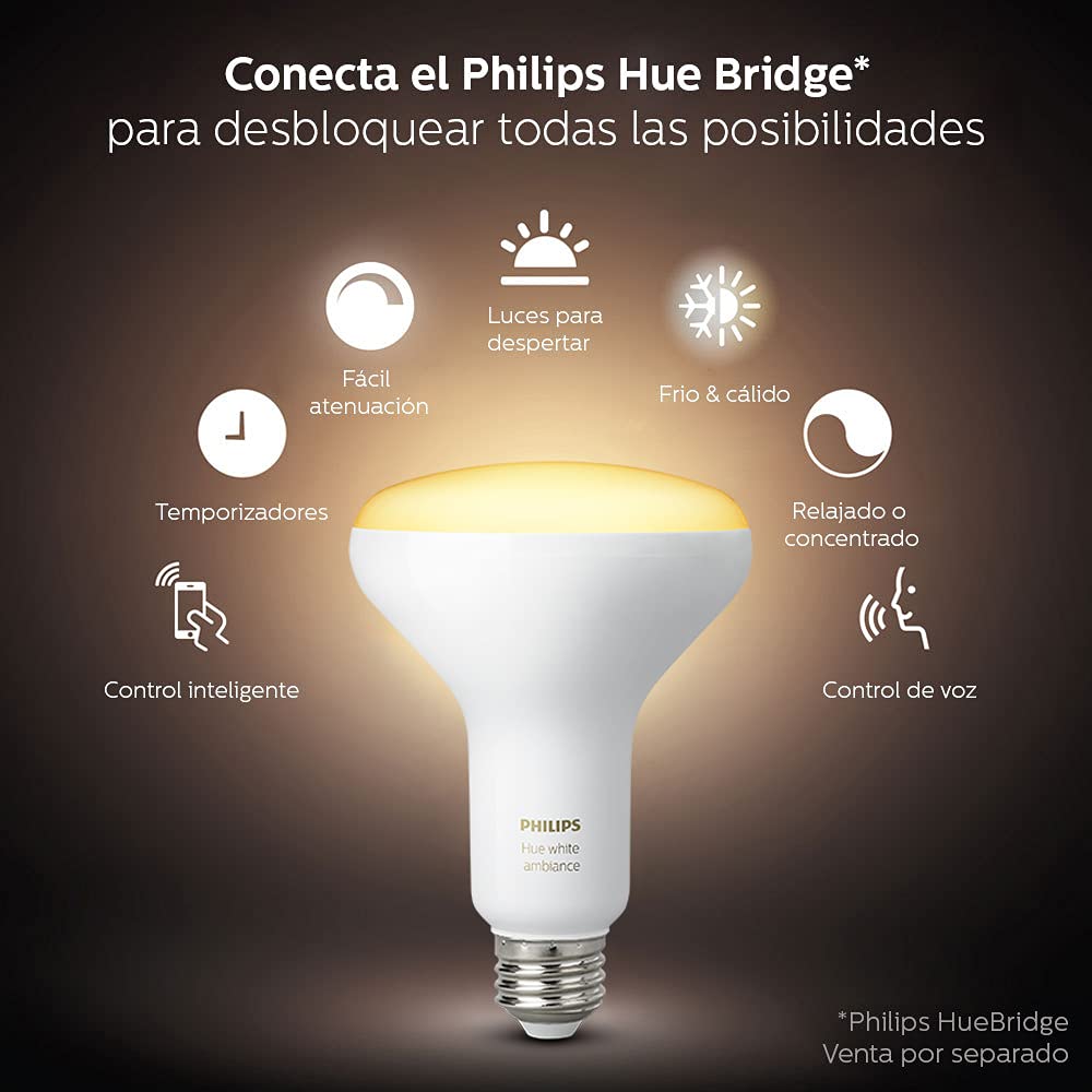 Philips Hue White Ambiance BR30 2-Pack LED Smart Flood Light, 60W Equivalent, Dimmable, Works with Alexa, Apple, Google Assistant