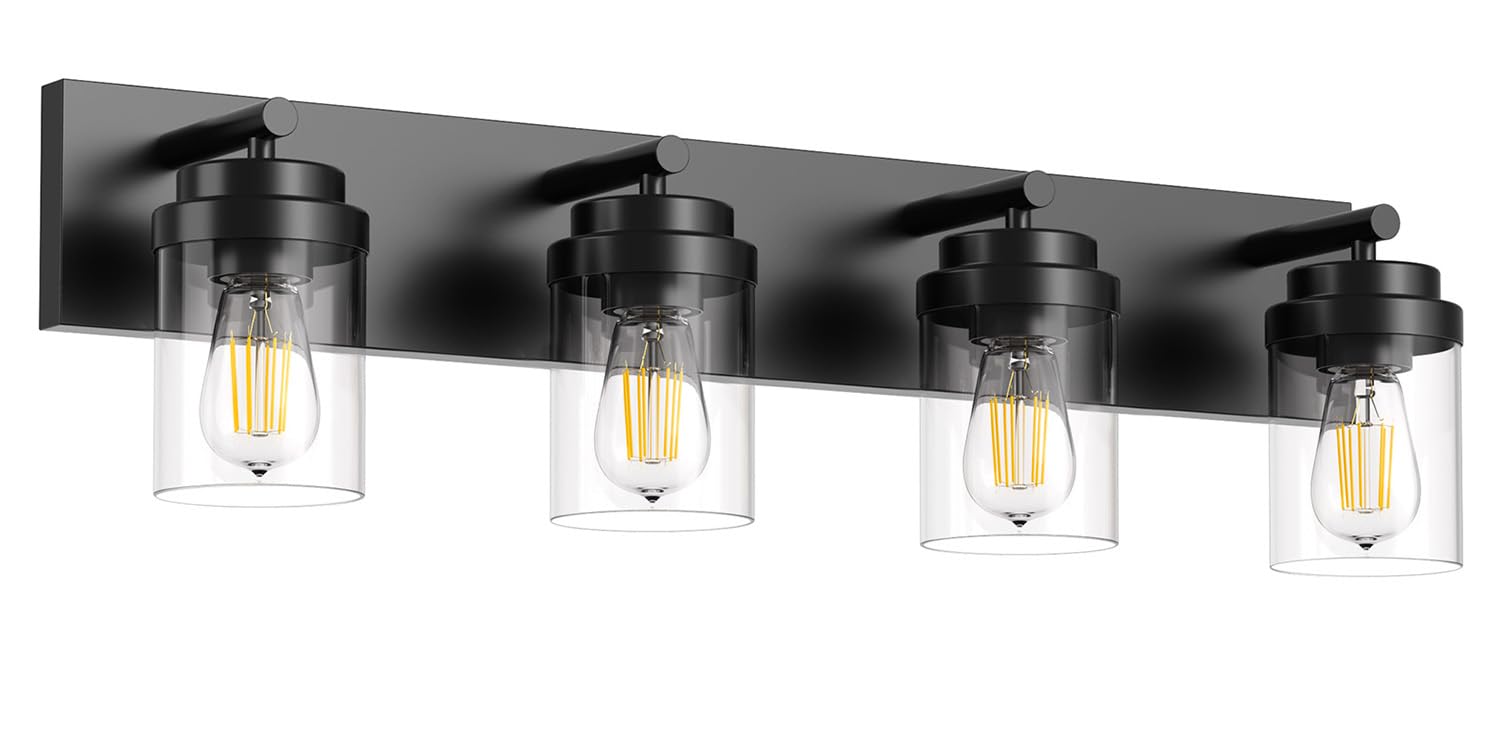 Izorro Bathroom Vanity Light Fixture  4-Light 27.5 Inch Matte Black Bathroom Light Fixtures Over Mirror  With Clear Glass Shade  Modern Farmhouse Vanity Lights  Rustic Restroom Lighting Fixtures