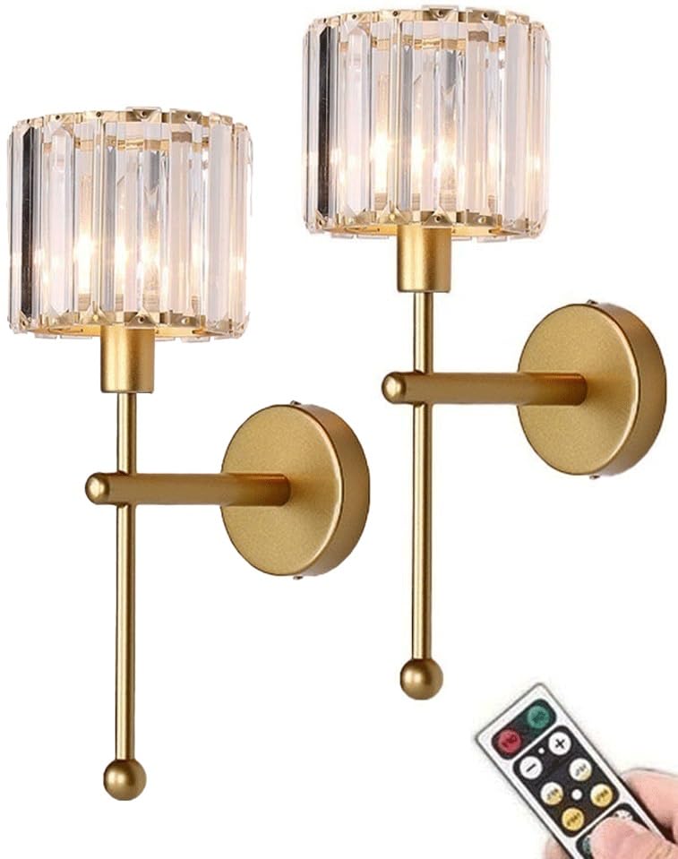 Modern Glass Crystal Wall Sconces Battery Operated Set Of 2,Gold Rechargeable Wall Lights With Remote,Non Hardwired Clear Wall L