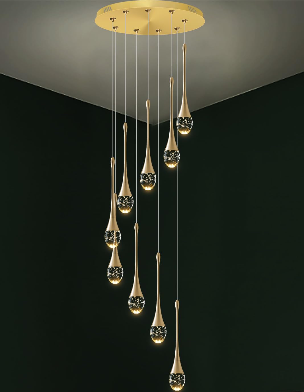Ykolupty H100'' Modern Chandelier 9-Lights Gold Foyer Entrance Chandeliers High Ceiling Chandelier Led Dimmable 2700-6000K Fixtures