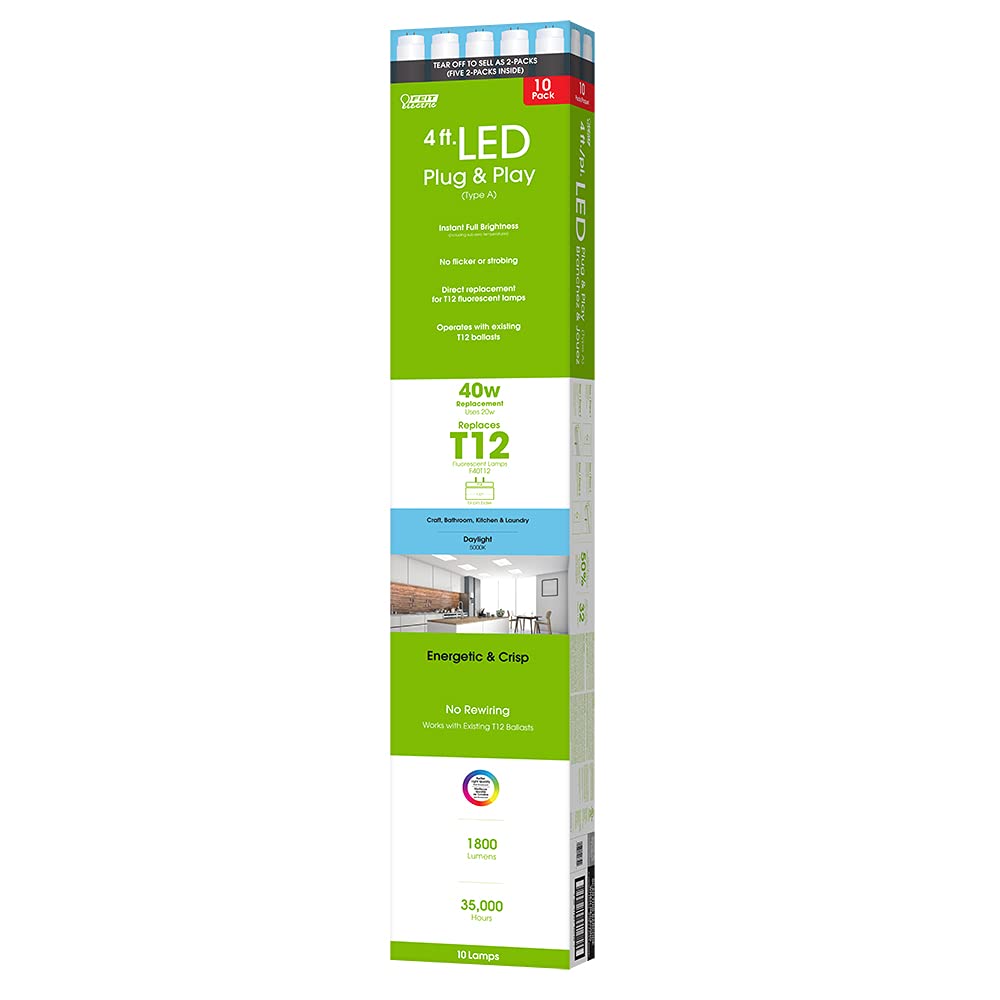 Feit Electric T1248/850/Ledg2/2/5 4 Ft. 40W Equivalent 20 Watt T12 Direct Replacement Linear Led Tube Light Bulb, 10 Count (Pack