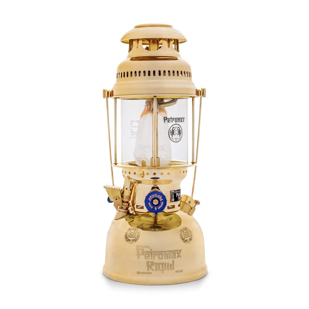 Petromax Hk500 Pressurized Lantern, 500 Candlepower With 1 Quart Kerosene Tank For Home, Camping Or Emergency Lighting, Hand Assembled High Pressure 400 Watt Lamp, Polished Brass