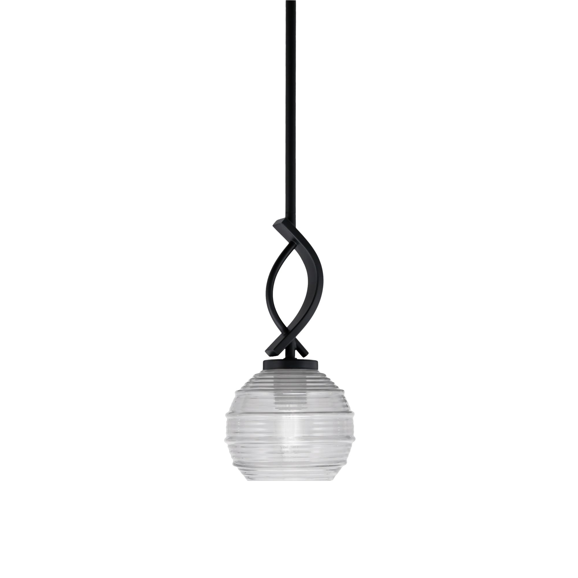 Cavella 1 Light Stem Mini Pendant Shown in Matte Black Finish with 6&quot; Clear Ribbed Glass