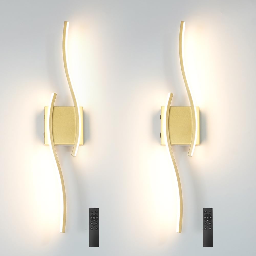 Daunton Battery Operated Wall Sconce Set of 2, Dimmable, USB Rechargeable, Gold, 27.56in