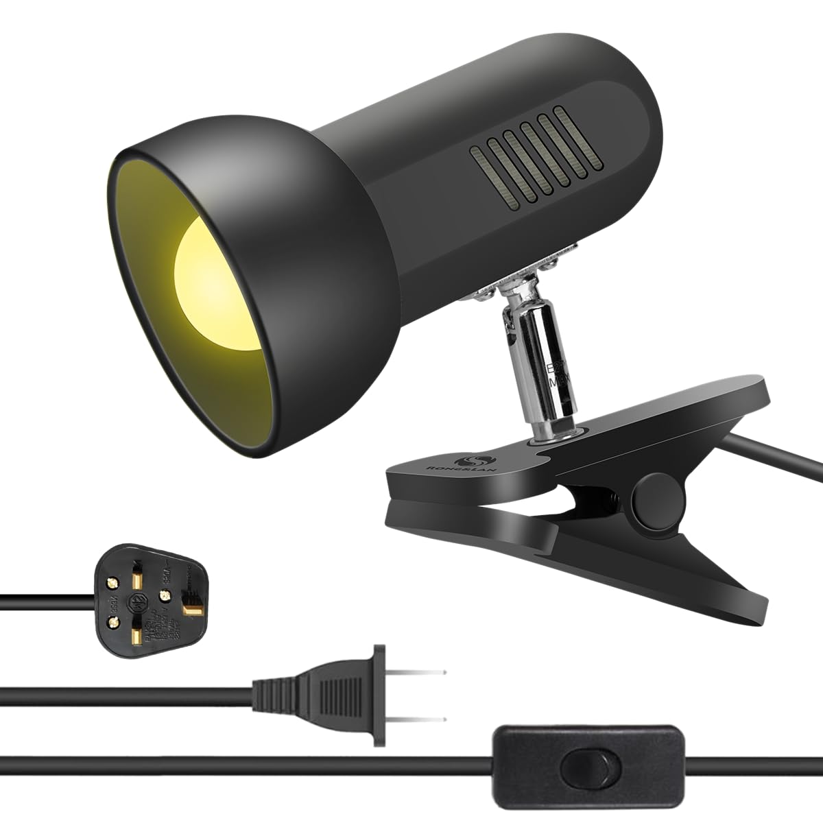 Sun-Rising Clip Lamp, 360° Rotation, Metal, 6inx4.53inx6.8in, Black, Model SUN-18560019, Portable Book Reading Light
