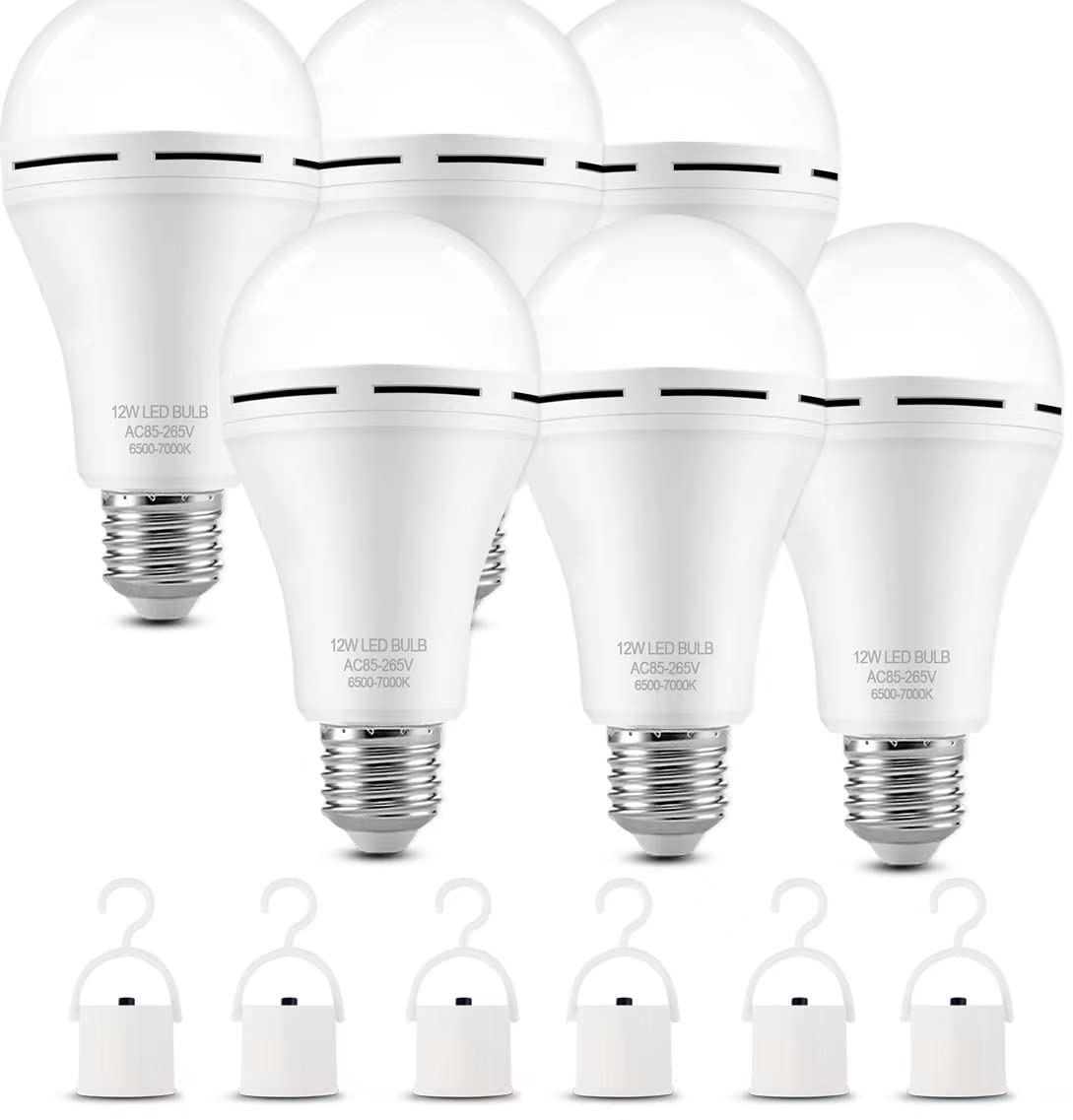 TFOI Rechargeable Emergency LED Light Bulbs, 12W 800LM, Cool White, 6 Count, Battery Operated for Home Power Outage and Camping