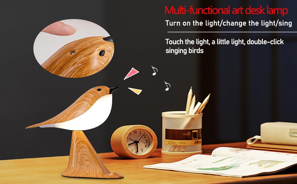 THOEWONG Small Bird Desk Lamp, Rechargeable, 3 Color Temperatures, Remote Control, Brown Color, Model bird03