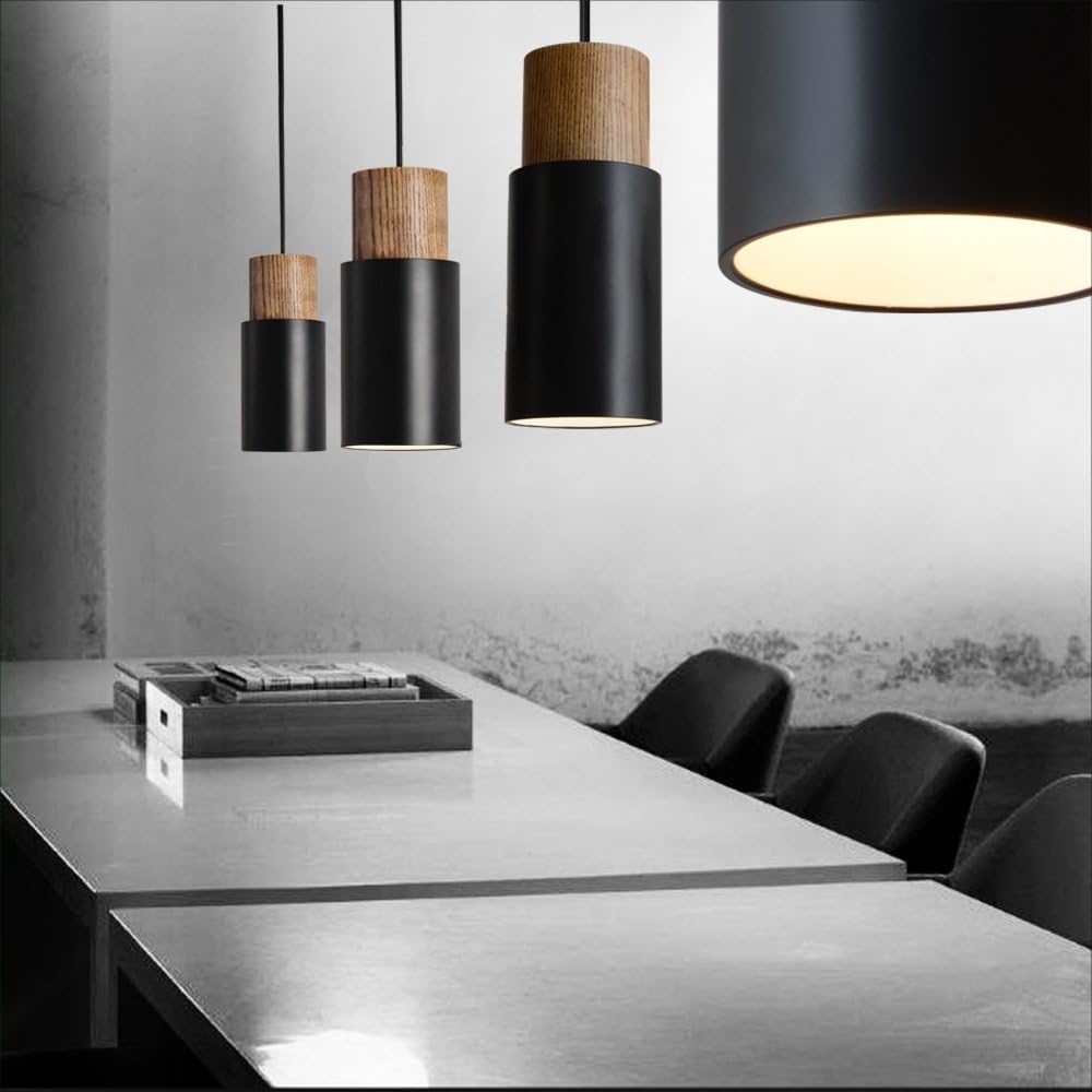 DUHU Black and Wood Pendant Light - Modern Industrial Hanging Lamp, E26 for Kitchen Island, Dining Table, Adjustable Height