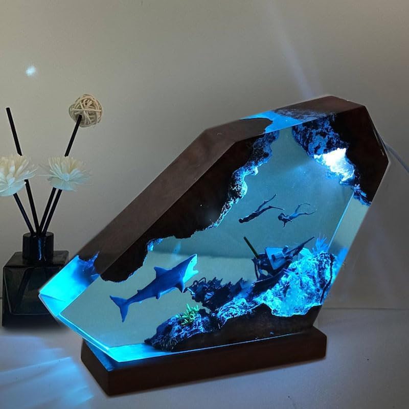 Shark Ocean Resin Lamp  Handmade Wooden Table Resin Night Light  Usb Port Art Ornaments For Home Office Decor  Scuba Diver Gifts For Birthday Holiday  ValentineS Day Gifts For Husband