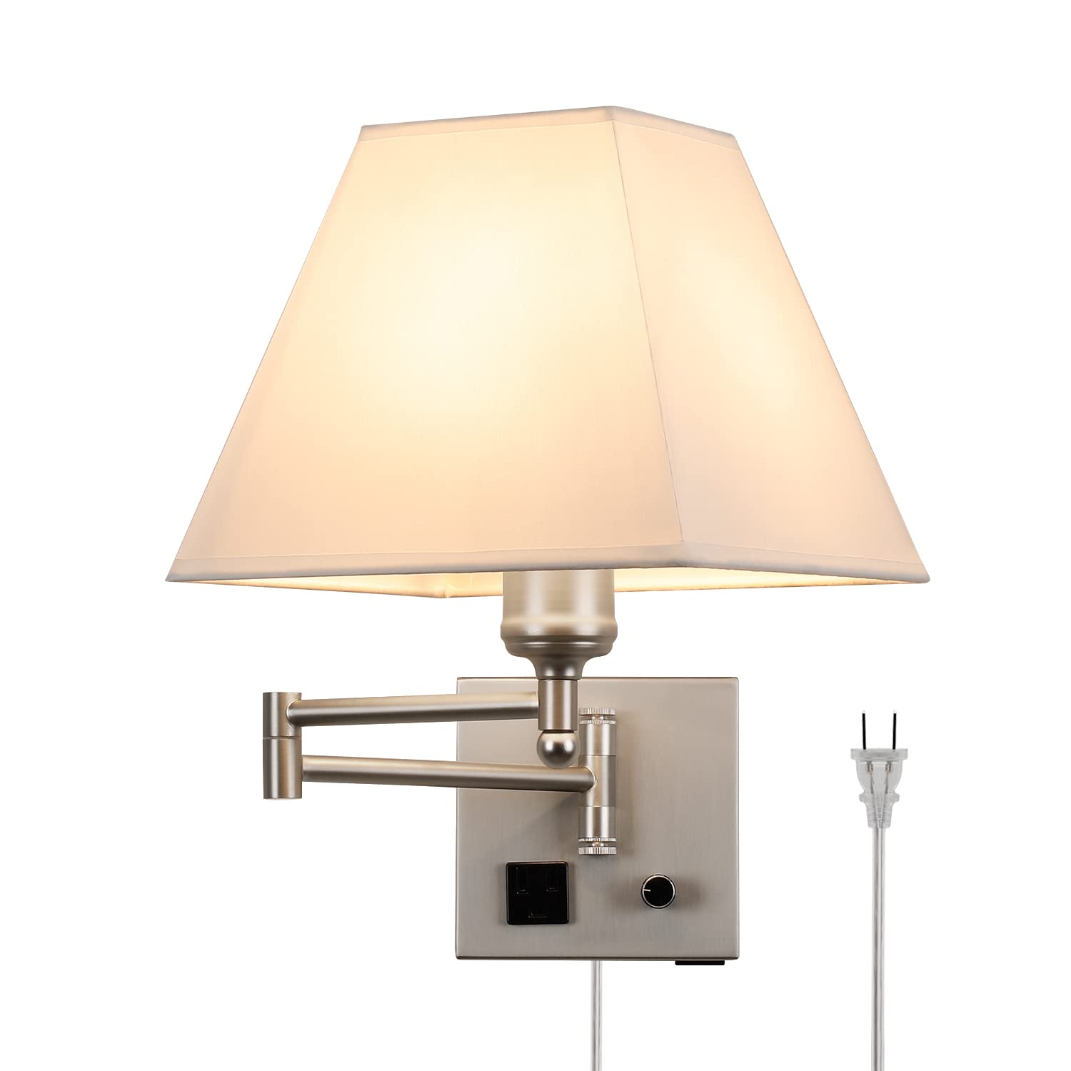 Plug in Wall Light,Swing Arm Wall Sconces with USB Port and Outlet,Wall Lamp with White Fabric Shade Dimmable Switch for Bedroom