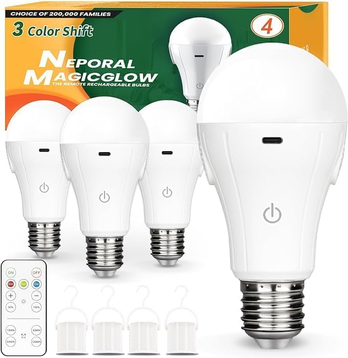 Neporal Magicglow Rechargeable Light Bulbs With Remote, 3 Colors Shift + Stepless Dimmable Battery Powered Light Bulbs, Usb Rechargeable, A19 Emergency Led Light Bulbs, 15W, Up To 24 Hours