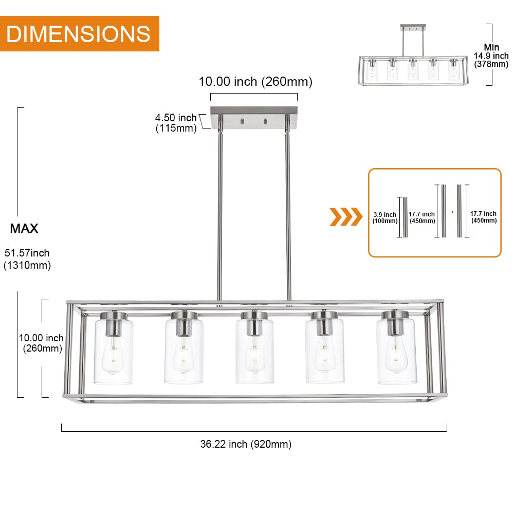 VINLUZ 5 Light Contemporary Chandeliers Brushed Nickel Metal Kitchen Island Pendant Light with Glass Shade, Model 1811-5-SN