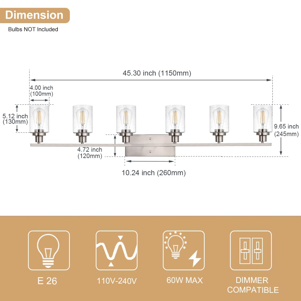 Winshen 6-Lights Bathroom Vanity Light Fixtures With Seeded Glass Lampshades, 45.3-Inches Length Modern Brushed Nickel Wall Ligh