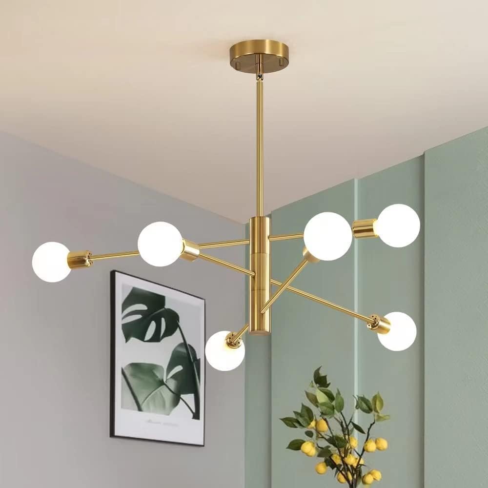 Deyidn Gold Sputnik Chandelier, 6-Light Metal Industrial Ceiling Fixture For Living Room & Kitchen