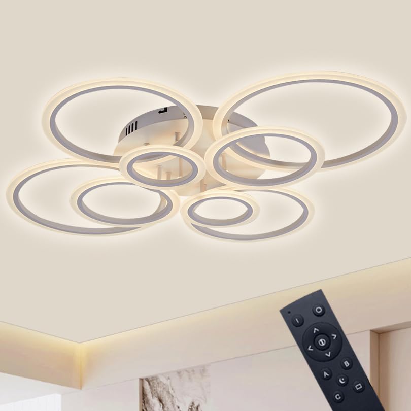 Dimmable LED Flush Mount Ceiling Light with Remote Control, 8-Ring White Design, Adjustable Color Temperature (3000-6000K) for L