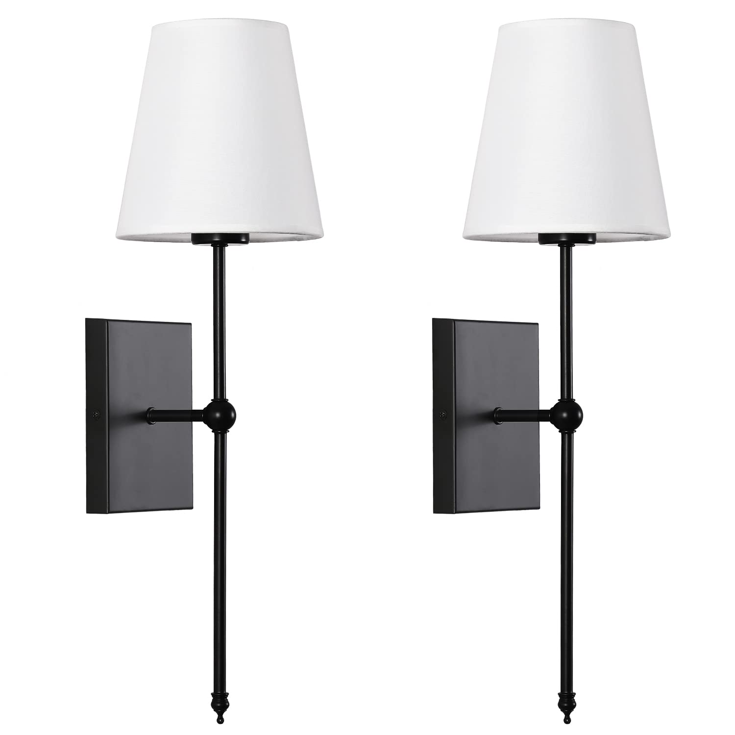 GLADFRESIT Set of 2 Slim Wall Sconces with White Fabric Shade, Matte Black Base Indoor Wall Light Fixtures for Bedroom Bedside B