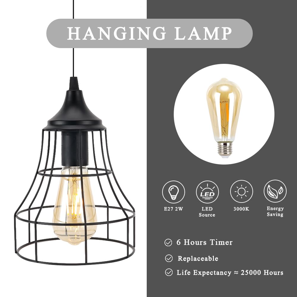 JHY DESIGN Hanging Lamp Black Metal Cage Battery Powered 8.5inH Round Indoor Outdoor Lighting, Model JHY30604