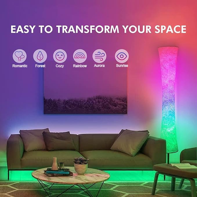 AKT LIGHTING 59'' Smart LED Floor Lamp, RGB Color Changing, Music Sync, Remote Control, Fabric Design for Bedroom & Living Room