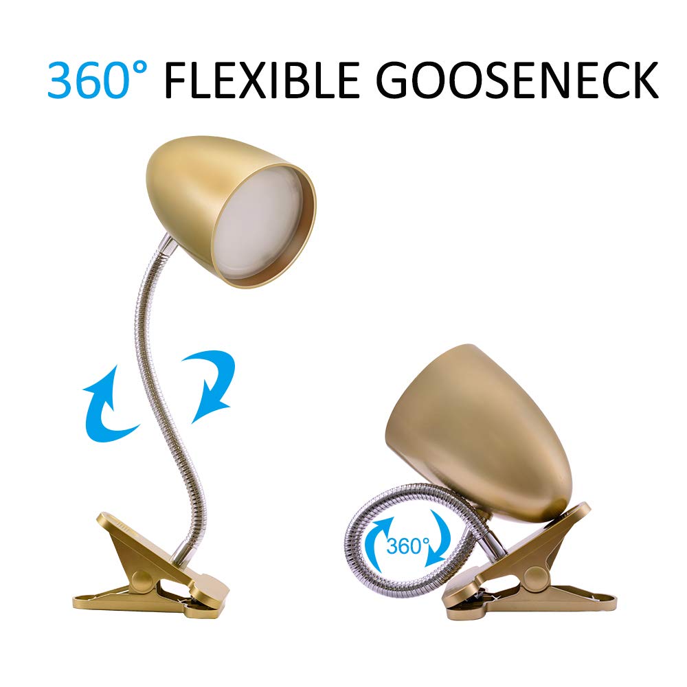 Energetic Clip on Lamp - 3.5W Flexible Gooseneck Light, 4000K Cool White, Eye Protection, Gold, Model MTL1001BJG