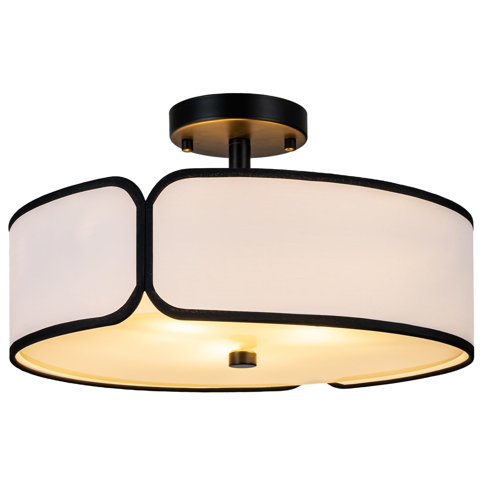16'' Semi Flush Mount Ceiling Light - 3 Lights Drum Light Fixture with Black Border White Fabric Shade, Farmhouse Close to Ceili