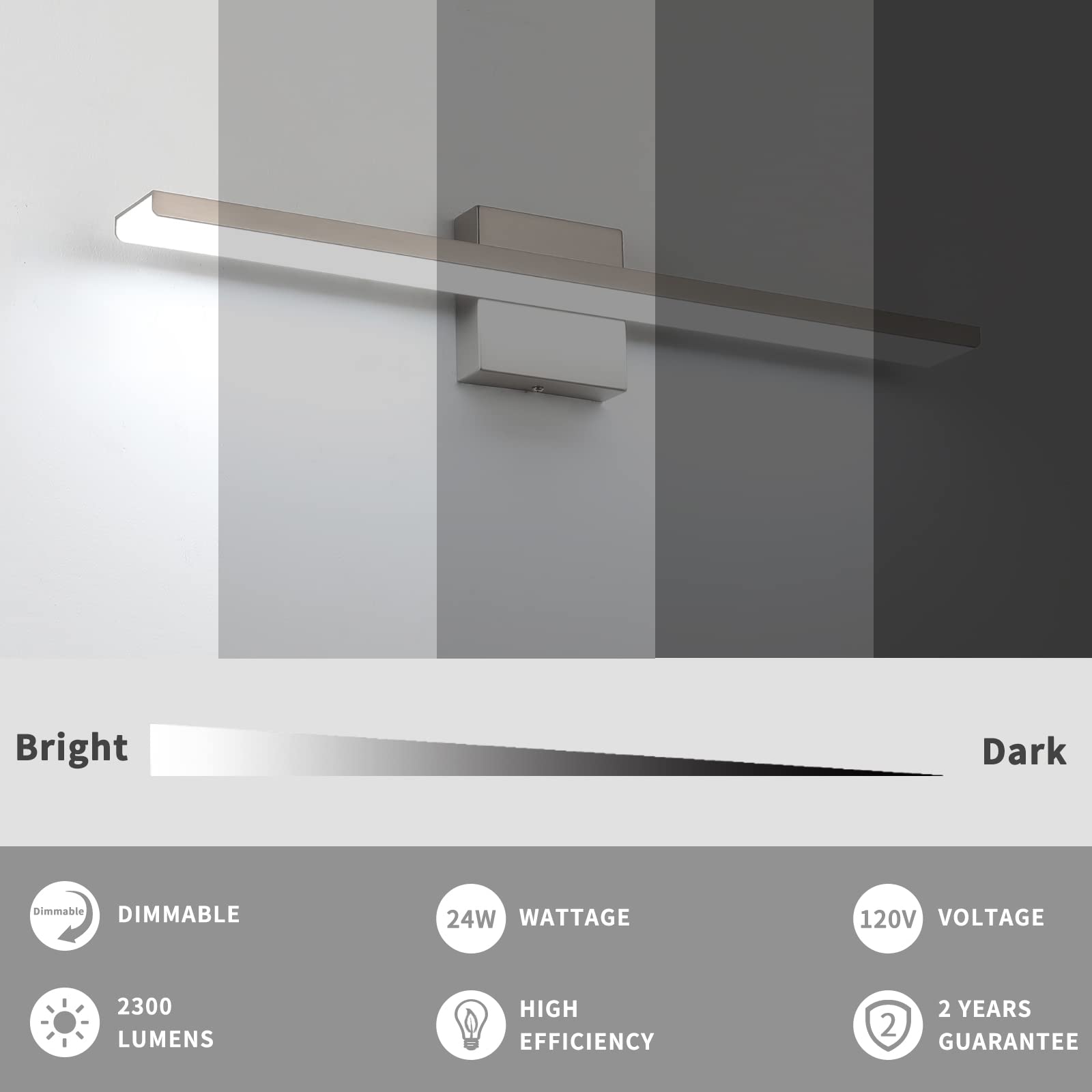 JUSHENG Bathroom Vanity Light Brushed Nickel Vanity Lights for Bathroom Light Fixtures Dimmable Vanity Light Bar 24 Inch 24W 6