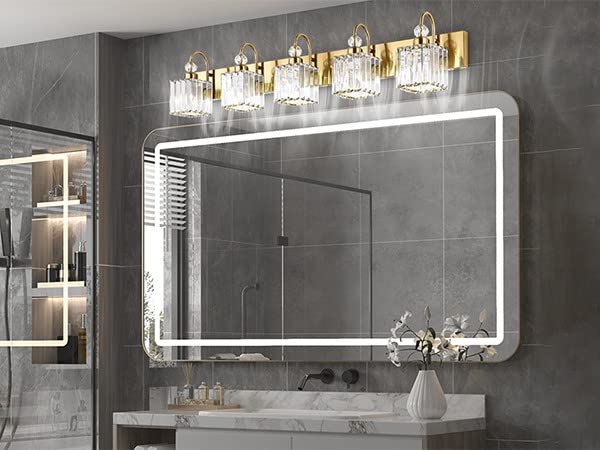 Ralbay Crystal Gold Bathroom Vanity Lights 4-Lights Vanity Lights Over Mirror Modern Crystal Gold Bathroom Wall Lighting Fixture