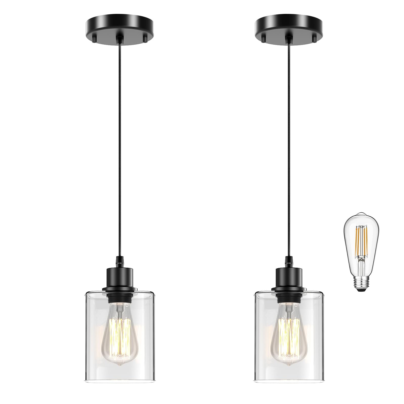 Pendant Light Kitchen Island Lighting 2 Pcs, with Bulb & Clear Glass Shade - 59 Inch Hanging Cord Farmhouse Hanging Lighting Fix
