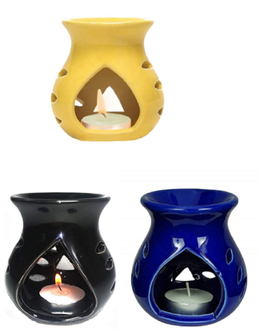 Mkd2 Rise Ceramic Clay Candle Aroma Diffuser Oil Burner Lamp -Set of 3 (Yellow Blue & Black) Multicolor for Home Fragrance