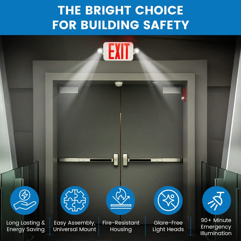 Ciata Lighting All Led Decorative Red Exit Sign & Emergency Light Combo With Battery Backup