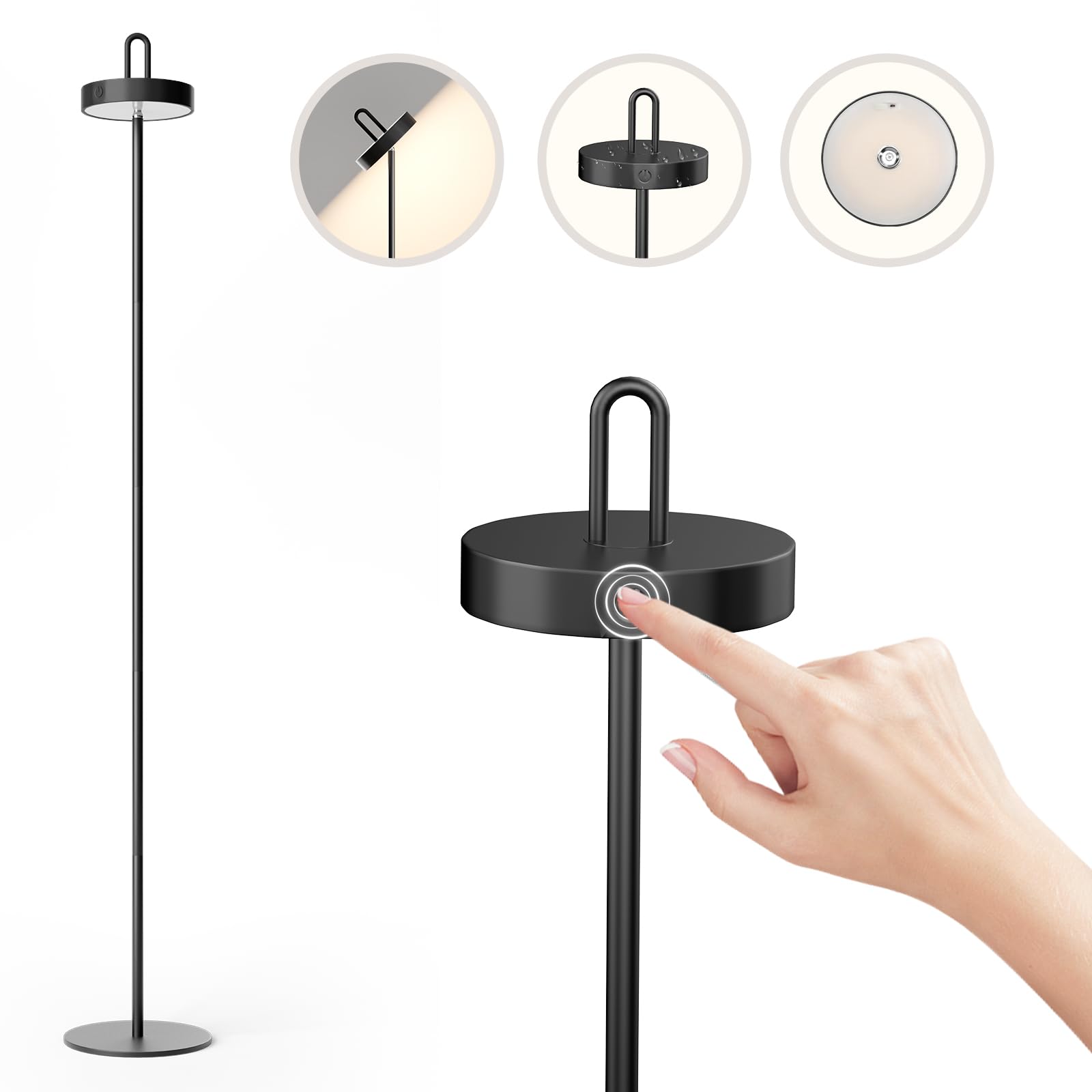 OGACFO Cordless Floor Lamp - Rechargeable LED, Touch Control, 3 Color Dimmable, Waterproof, Portable, Black, Model YYLDD002BK