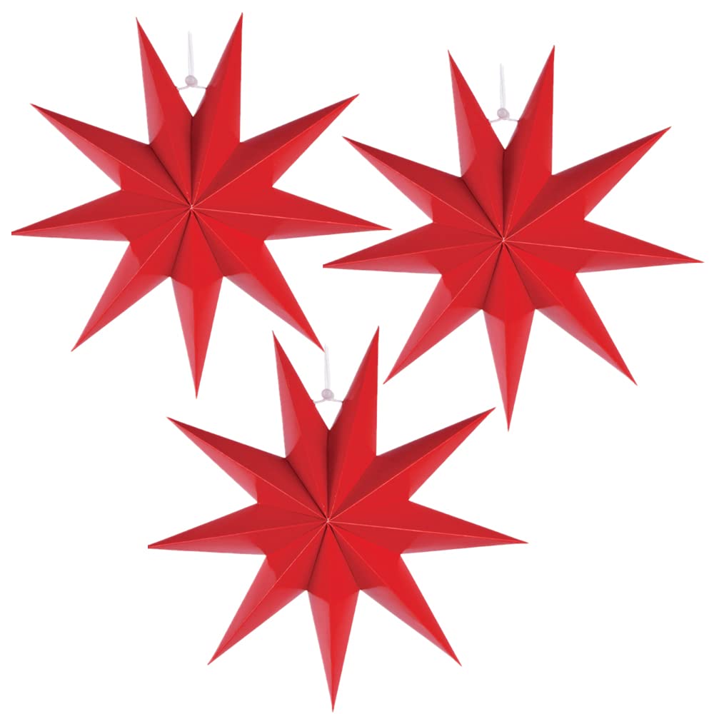 3 Pieces 3D 12'' Large Paper Star Red Hanging Paper Star Decorations for Weddings, Christmas Holiday, Girls Bedroom Decor,Birthd
