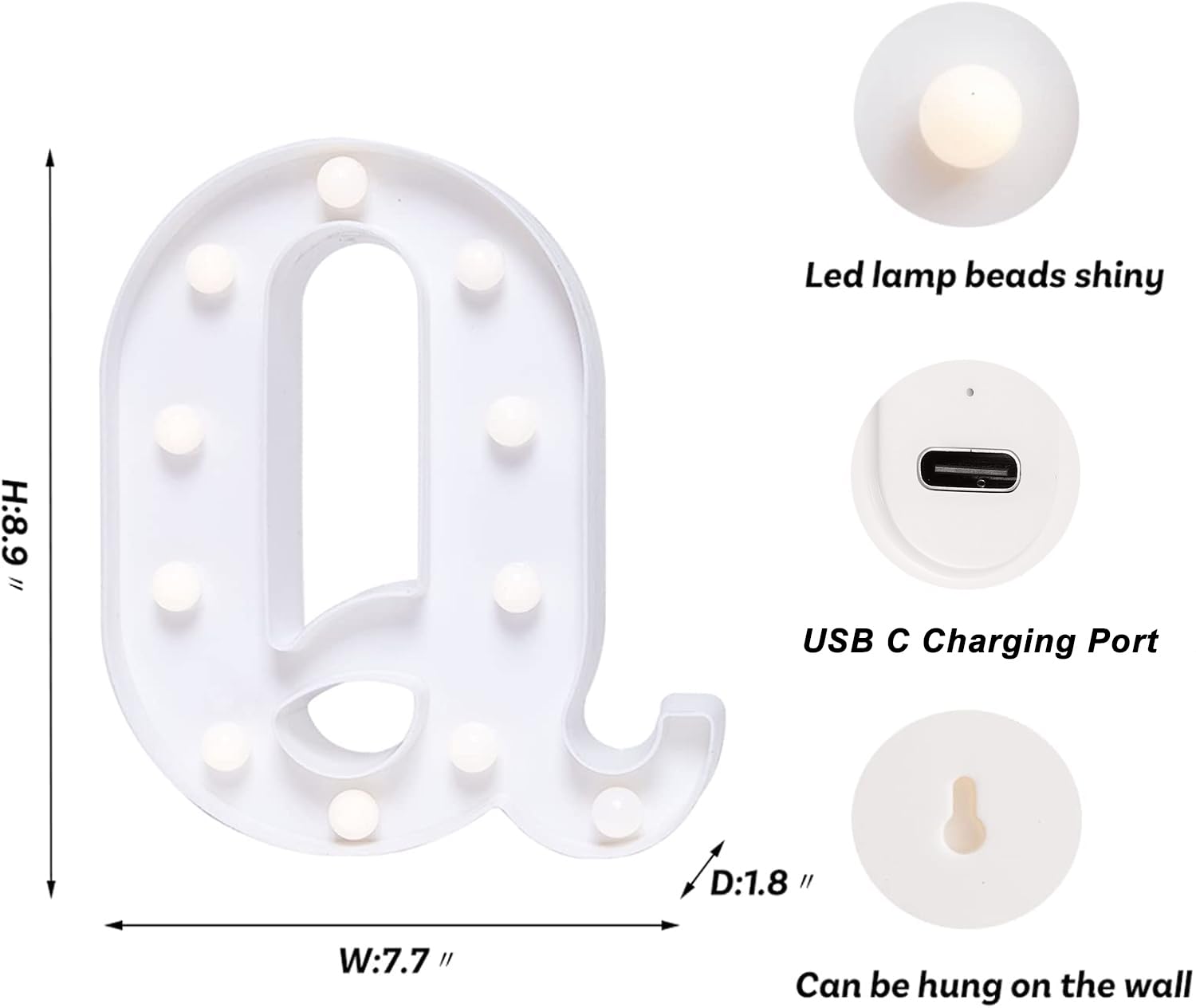 Foaky Rechargeable LED Letter Lights Sign Marquee Night Light, Q Size, Warm-Rechargeable, Plastic, for Wedding/Birthday Party Decor