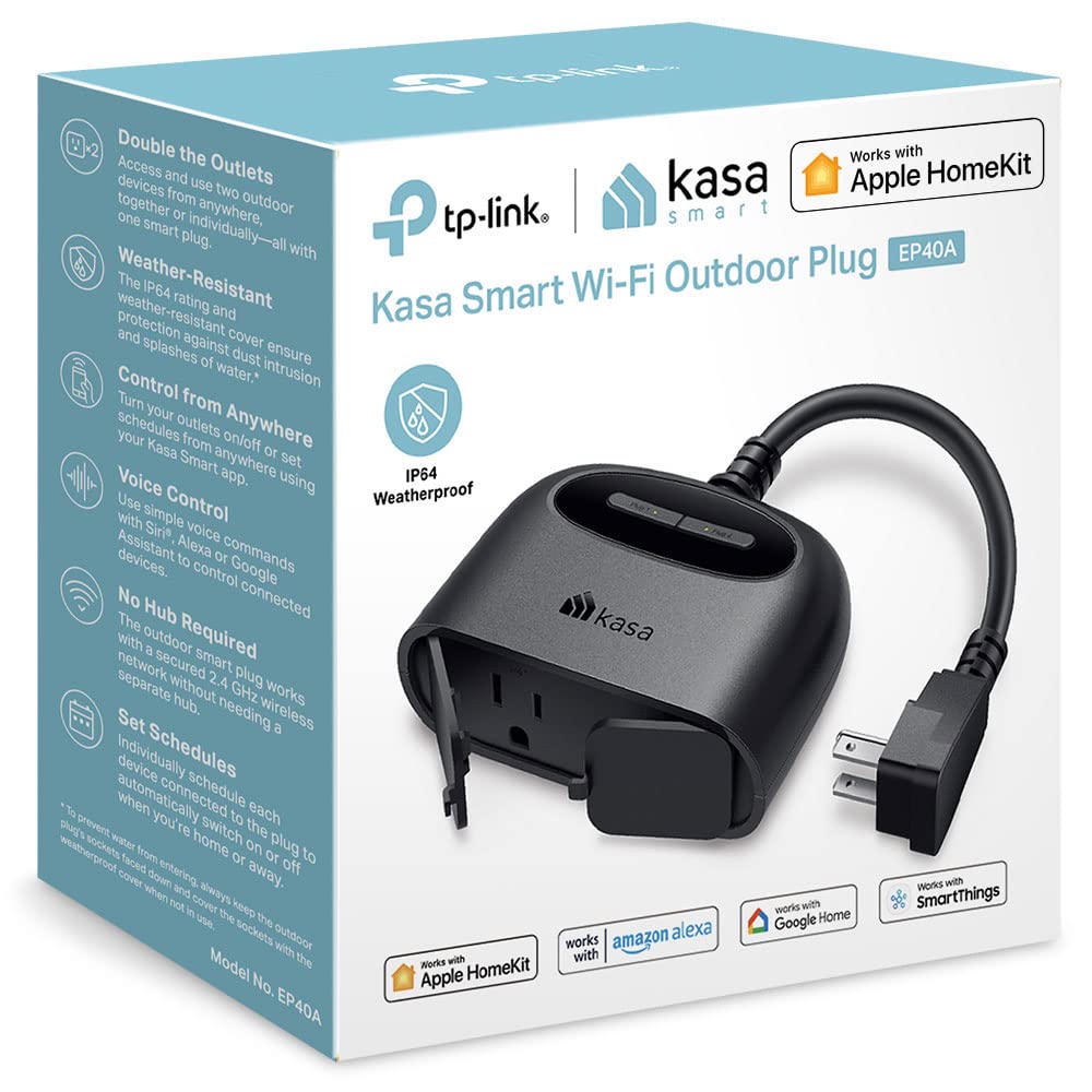 Kasa Smart Outdoor Smart Plug EP40A, 2 Sockets, IP64 Weather Resistant, Compatible with Siri, Alexa & Google Home, Black