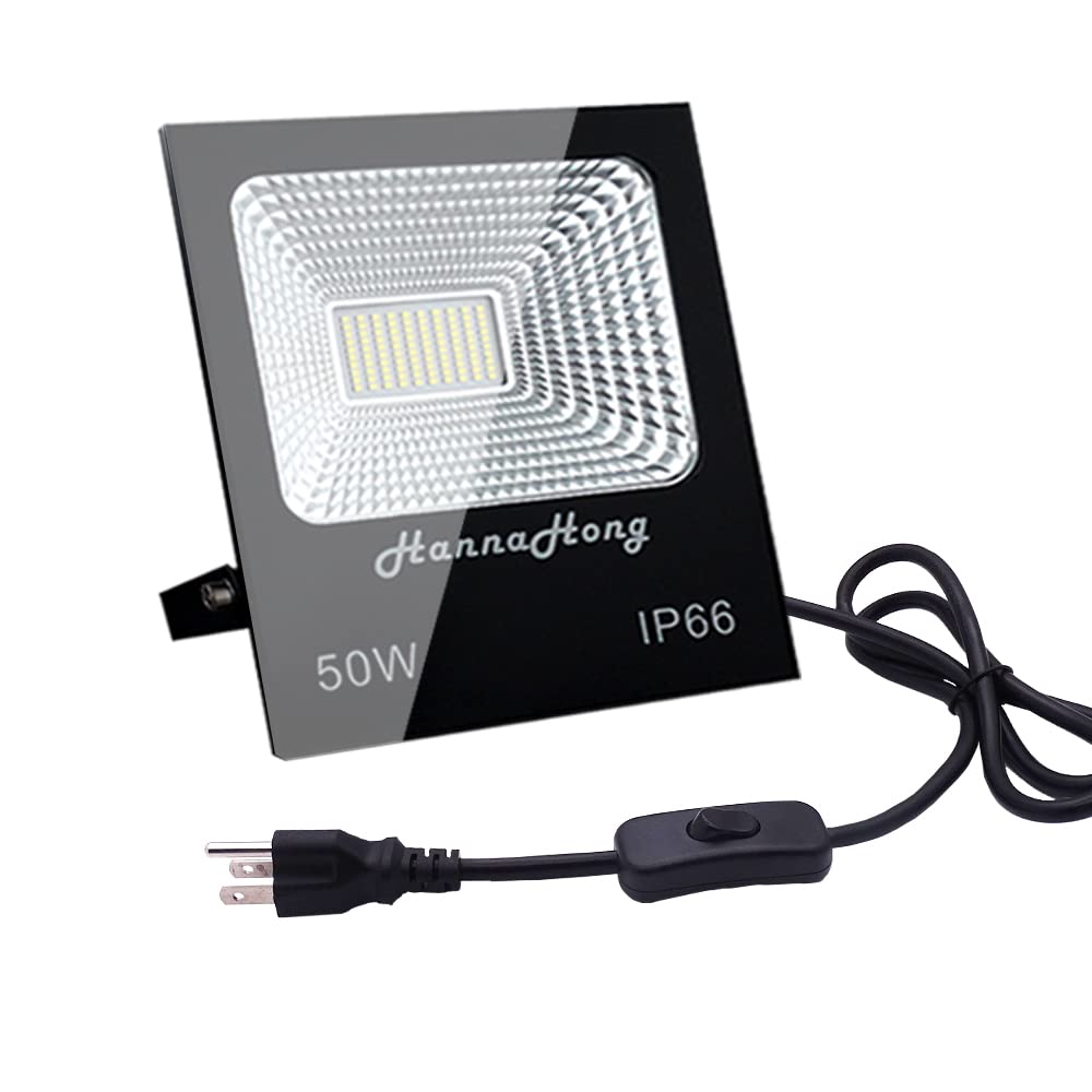 HANNAHONG 50W LED Flood Light, Cool White, IP66 Waterproof, Aluminum, Black, for Outdoor Security, Work, Plant Grow