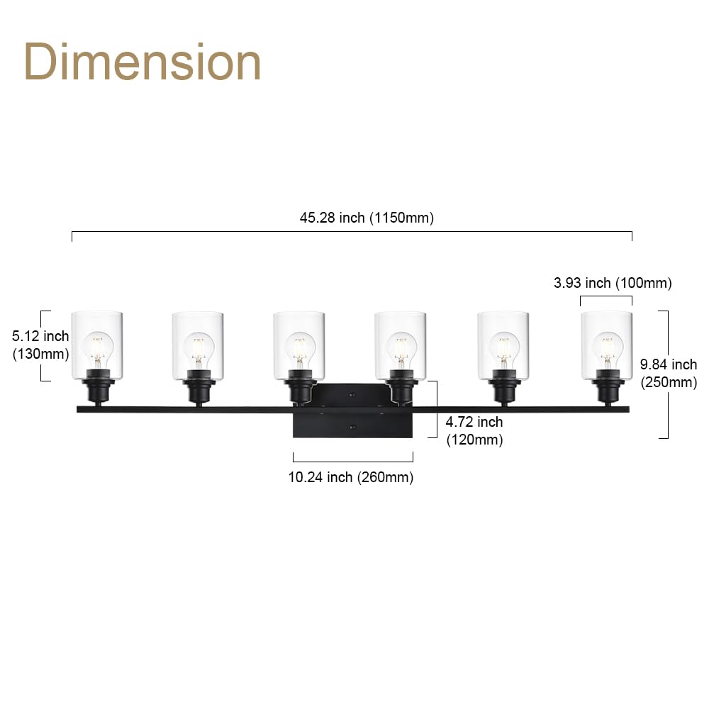 VINLUZ Bathroom Vanity Light Fixture, 6 Light Wall Sconce, Matte Black Metal Base, Clear Glass Shade
