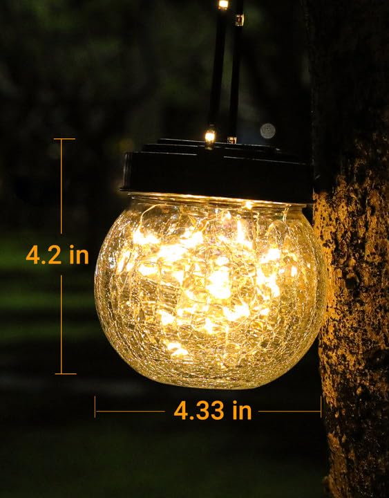 PARTPHONER Solar Lanterns 6-Pack, Waterproof Hanging Lights with Cracked Glass, Warm White Light for Garden, Tree Ornaments, Christmas Decor