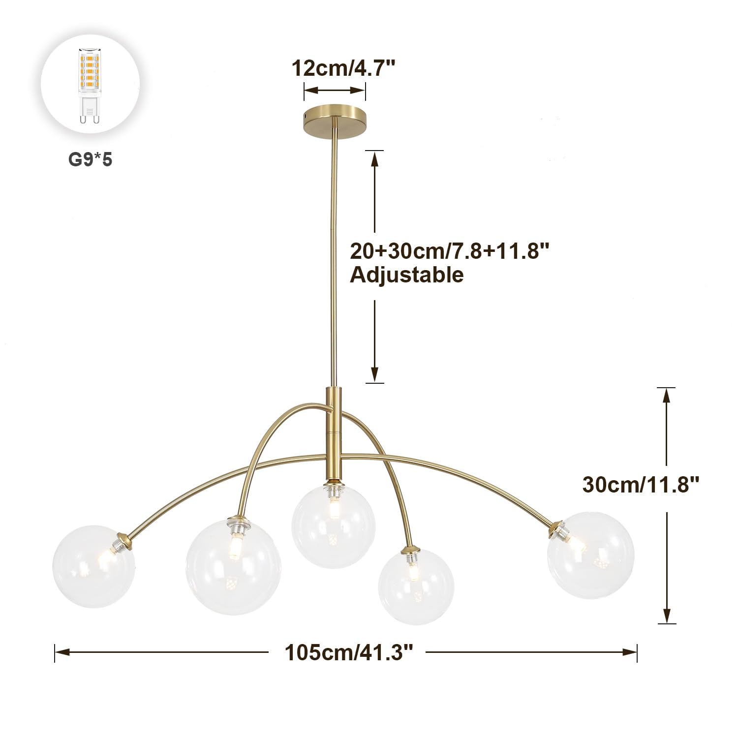 Fulesi 5 Light Modern Brass Chandelier Fixture White Clear Globe Glass Shade Pendant Light Gold Kitchen Ceiling Large Chandelier
