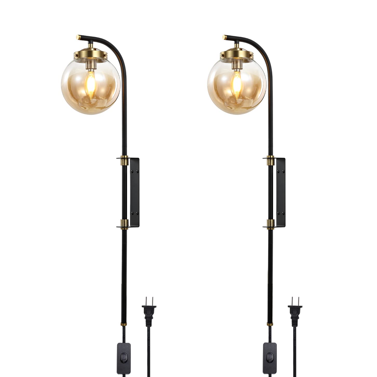 ELEHINSER Black Wall Sconces Set of 2 with Globe Shade, Modern Indoor Plug in Wall Lamps with Switch, Angle Adjustable Light for