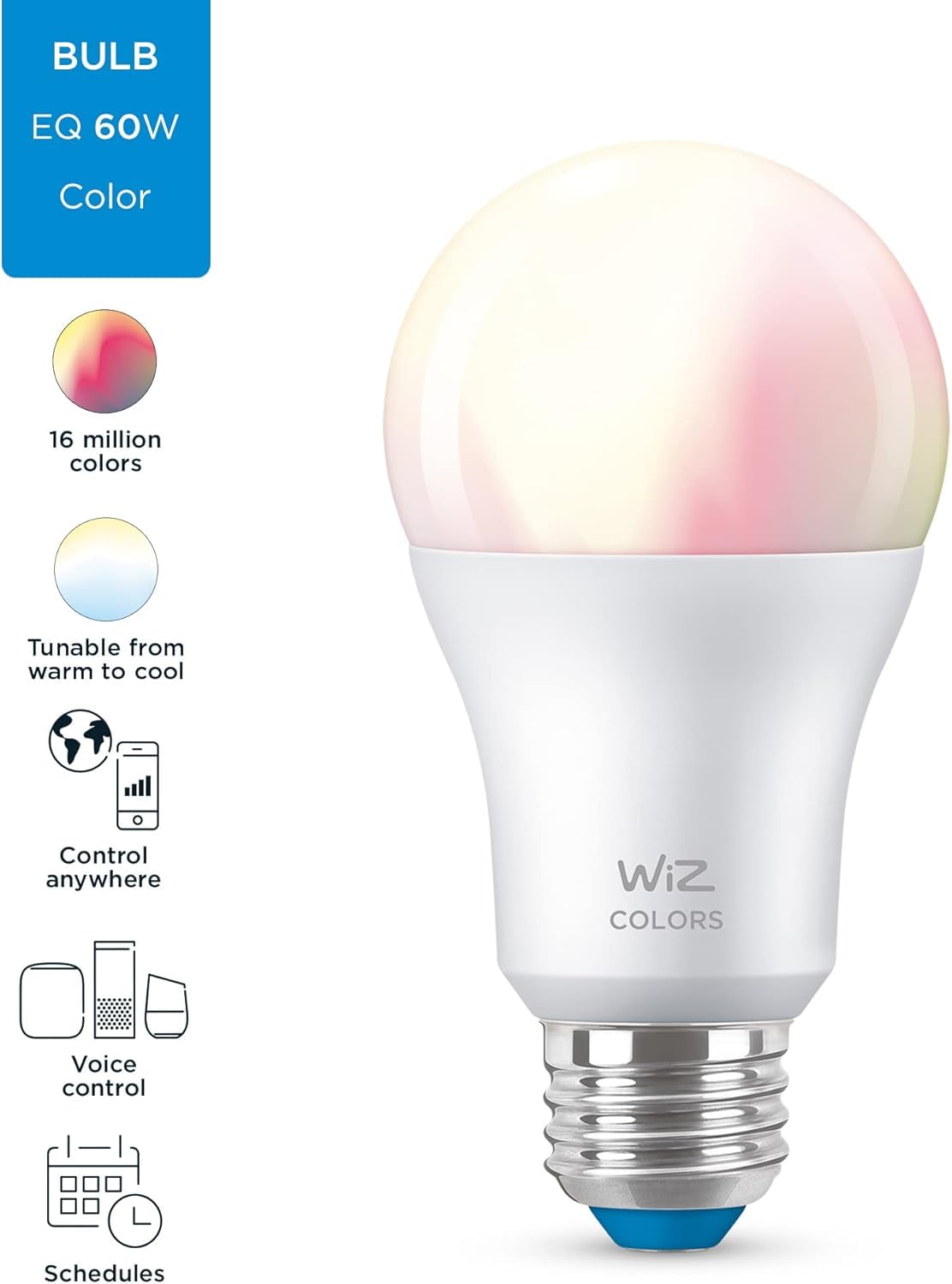 Wiz Connected 2-Pack Color 60W A19 Smart Wifi Light Bulb, 16 Million Colors, Compatible With Alexa And Google Home Assistant, No