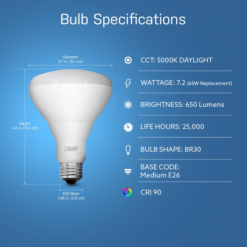 Feit Electric LED BR30 Bulbs, 65W Equivalent, 7.2W, 650 Lumens, Dimmable, 5000K Daylight, E26 Base,