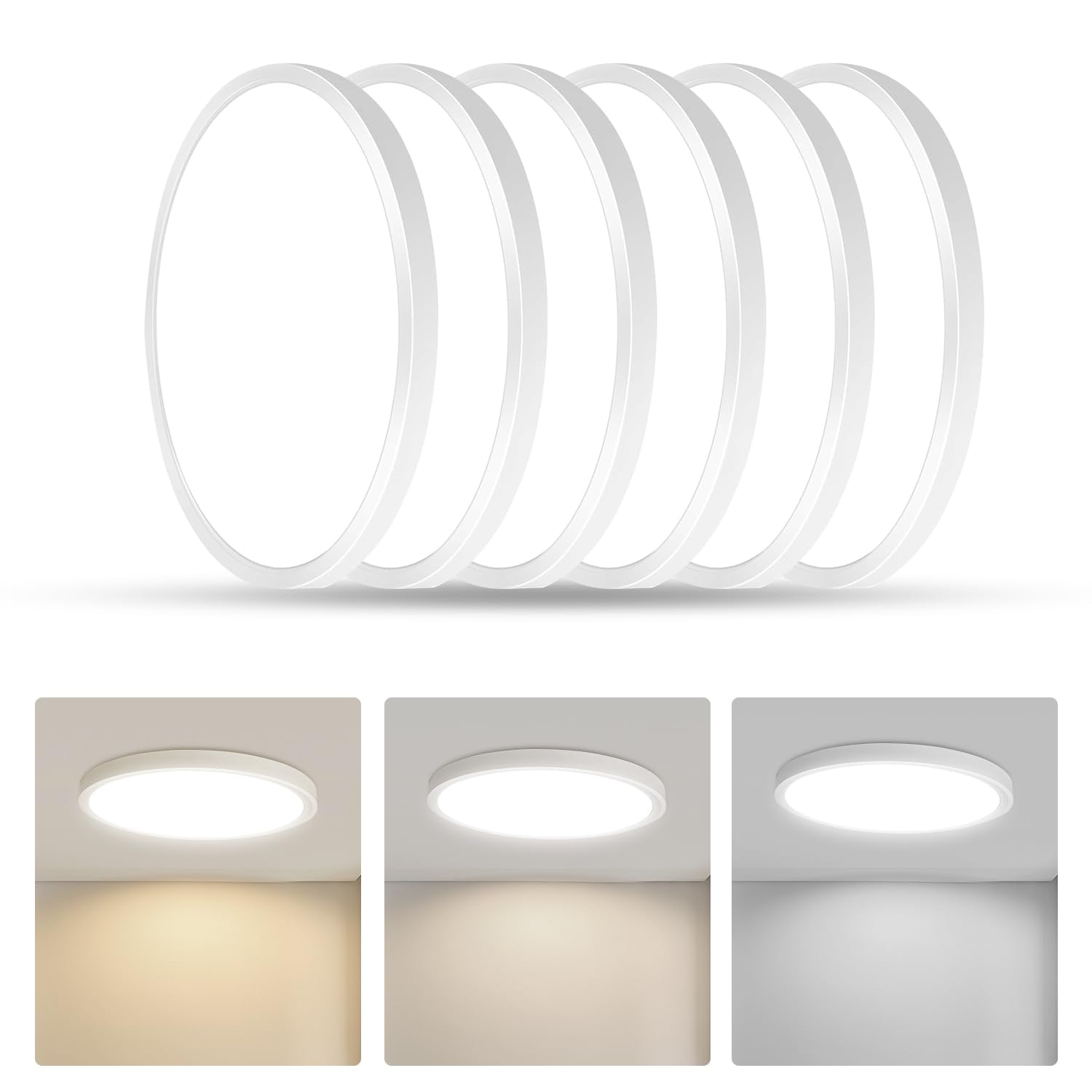 RLEDPZTX LED Flush Mount Ceiling Light 9 Inch 18W 1860LM 3CCT Selectable White, Round Modern Flat Panel, 6 Pack